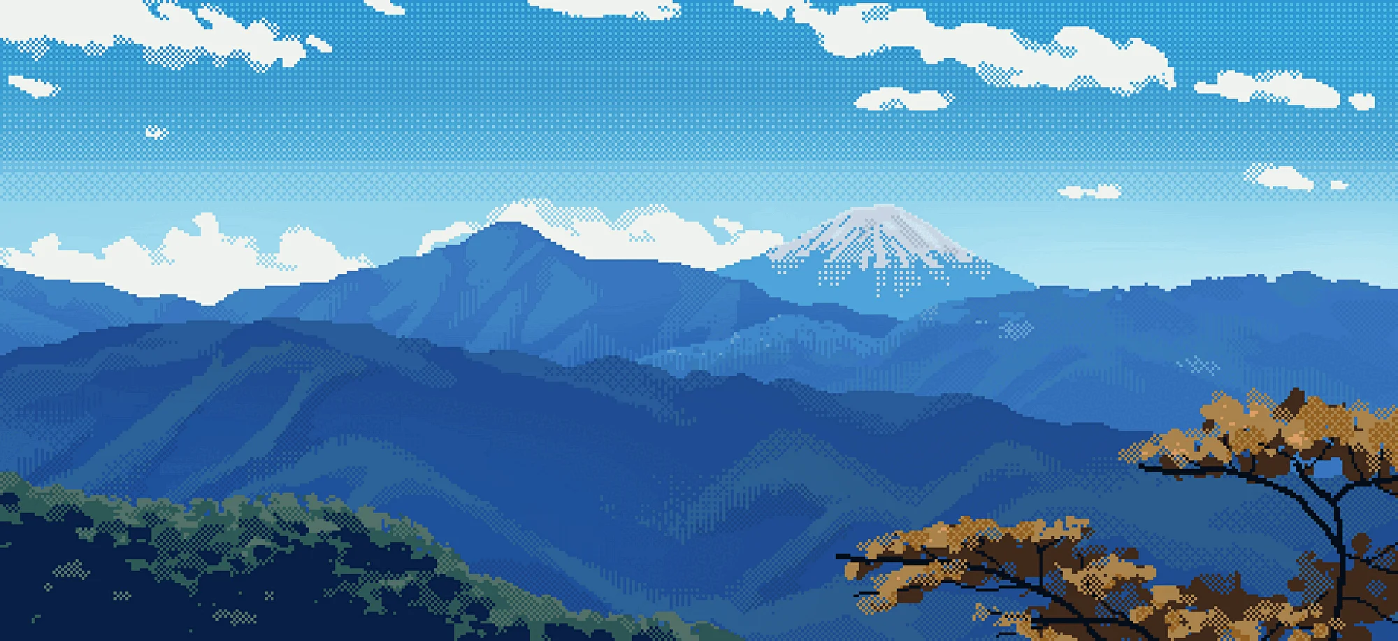 animated pixel art mountain fuji.