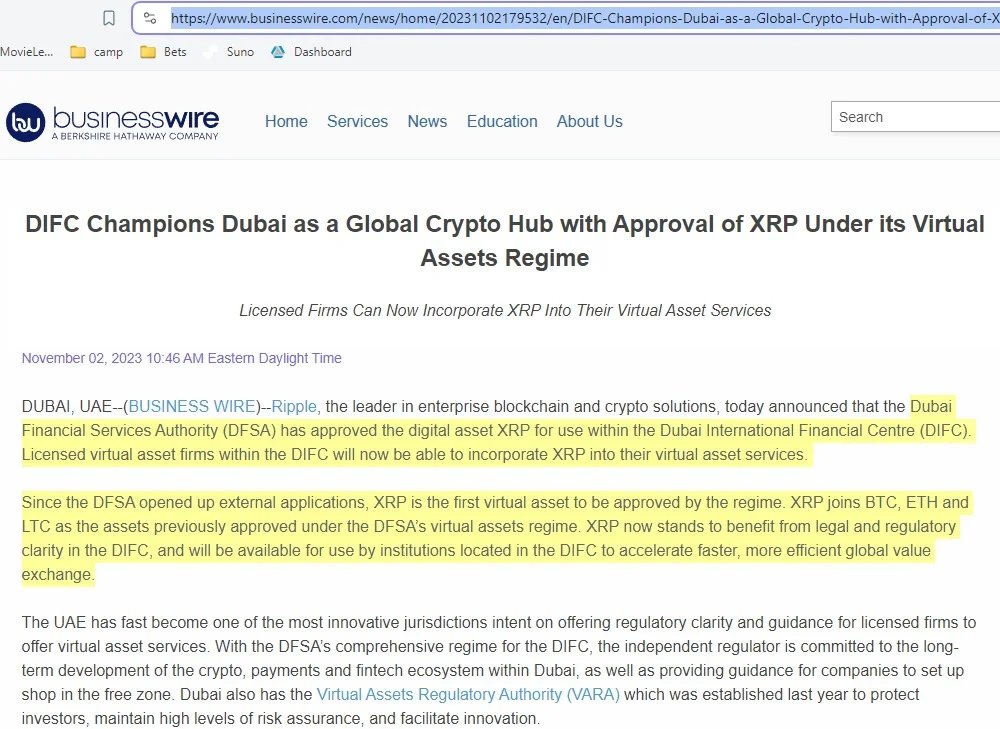 Dubai Financial Services Authority (DFSA) has approved the digital asset XRP for use within the Dubai International Financial Centre (DIFC)