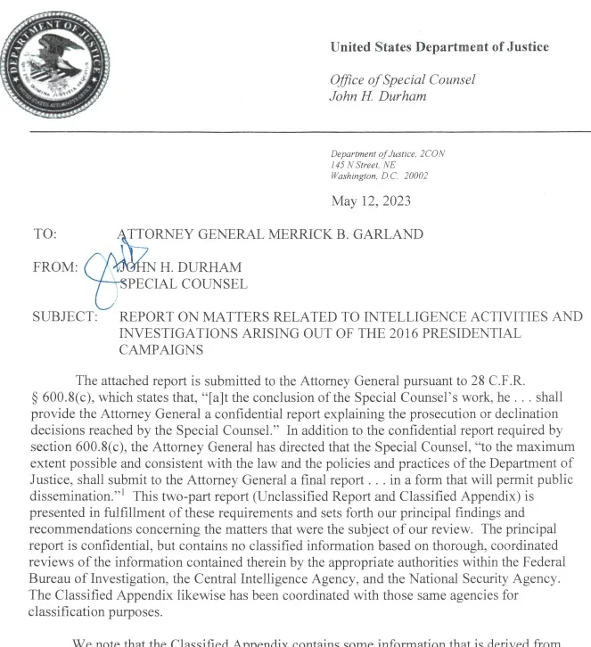 Durham reports concludes Trump Russian collusion was an expensive FBI failure lacking any actual evidence.