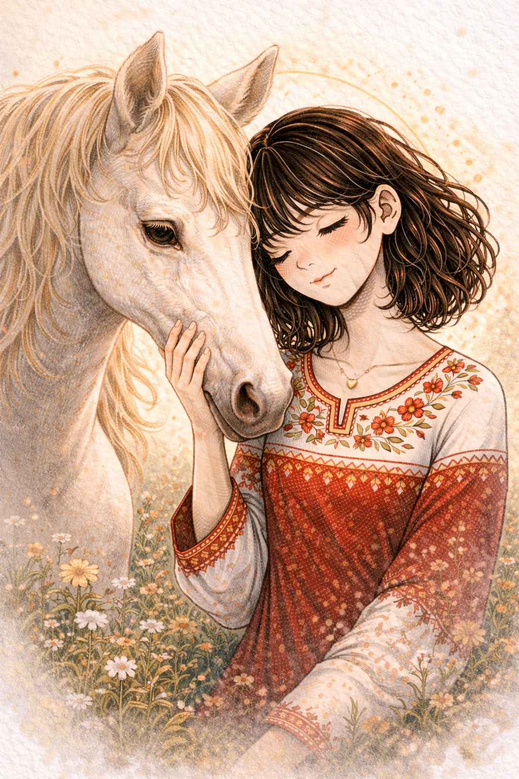 Silent Dignity The horse mirrors her patience. Beside this noble being, she discovers that freedom does not always roar — sometimes it runs quietly, yet profoundly.