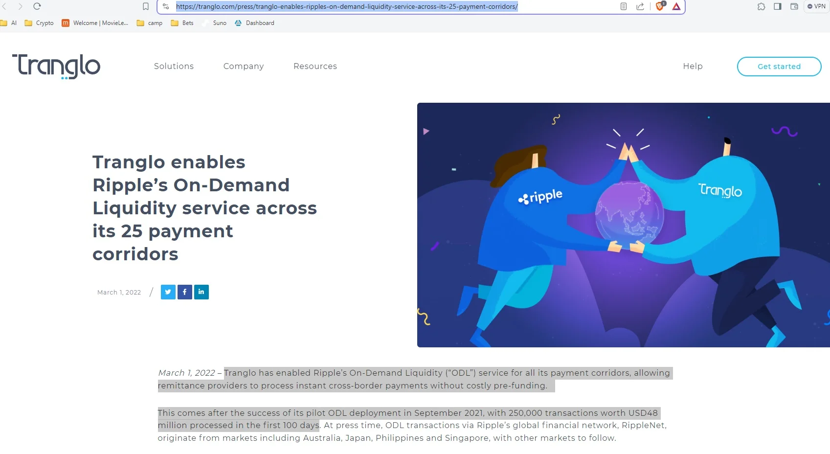 Tranglo enables Ripple’s On-Demand Liquidity service across its 25 payment corridors
